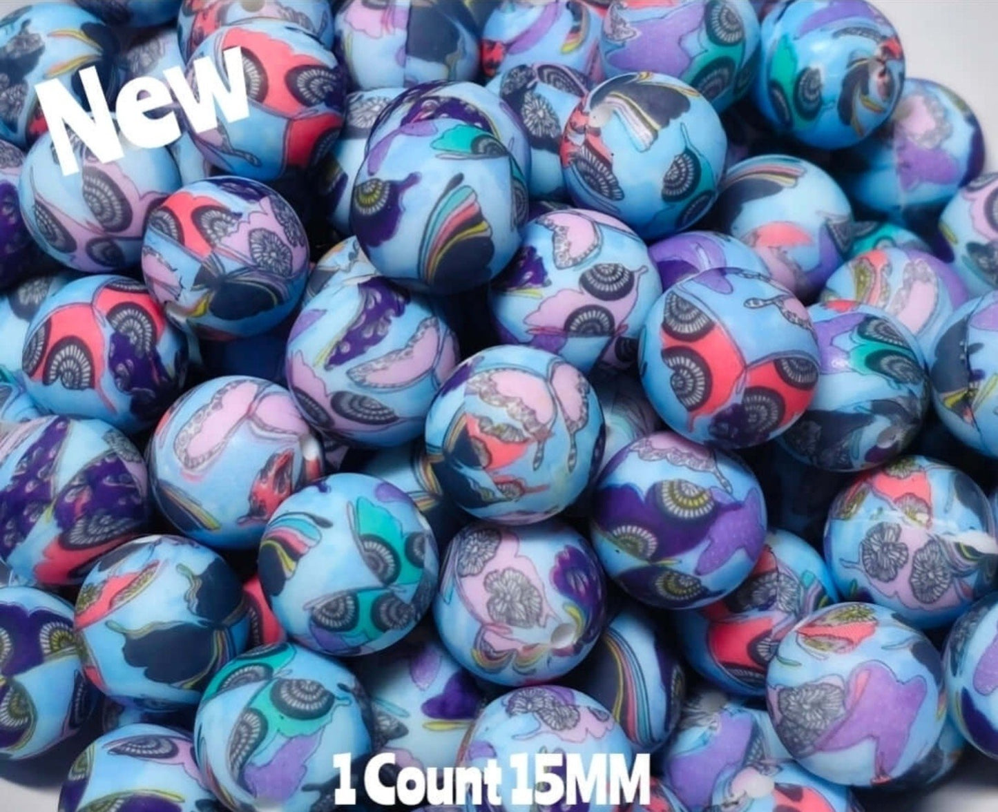 New 1 Count Blue purple butterfly 🦋 Prints 15mm printed Silicone Beads