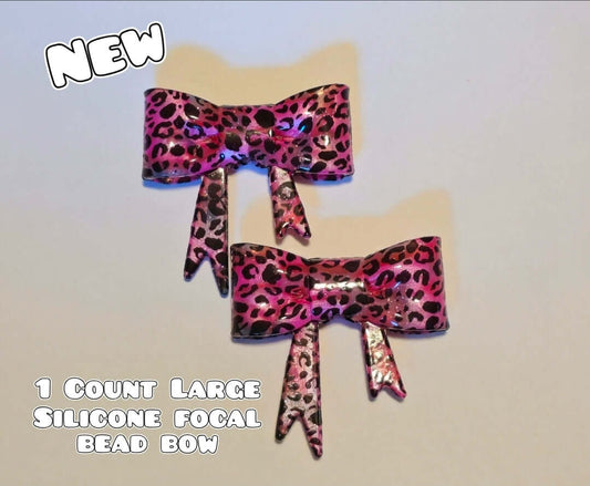 1 Count Large Silicone Printed Bow Focal Beads. Bow beadable accessories. Shimmer Glossy Finish Pink Swirl Leopard