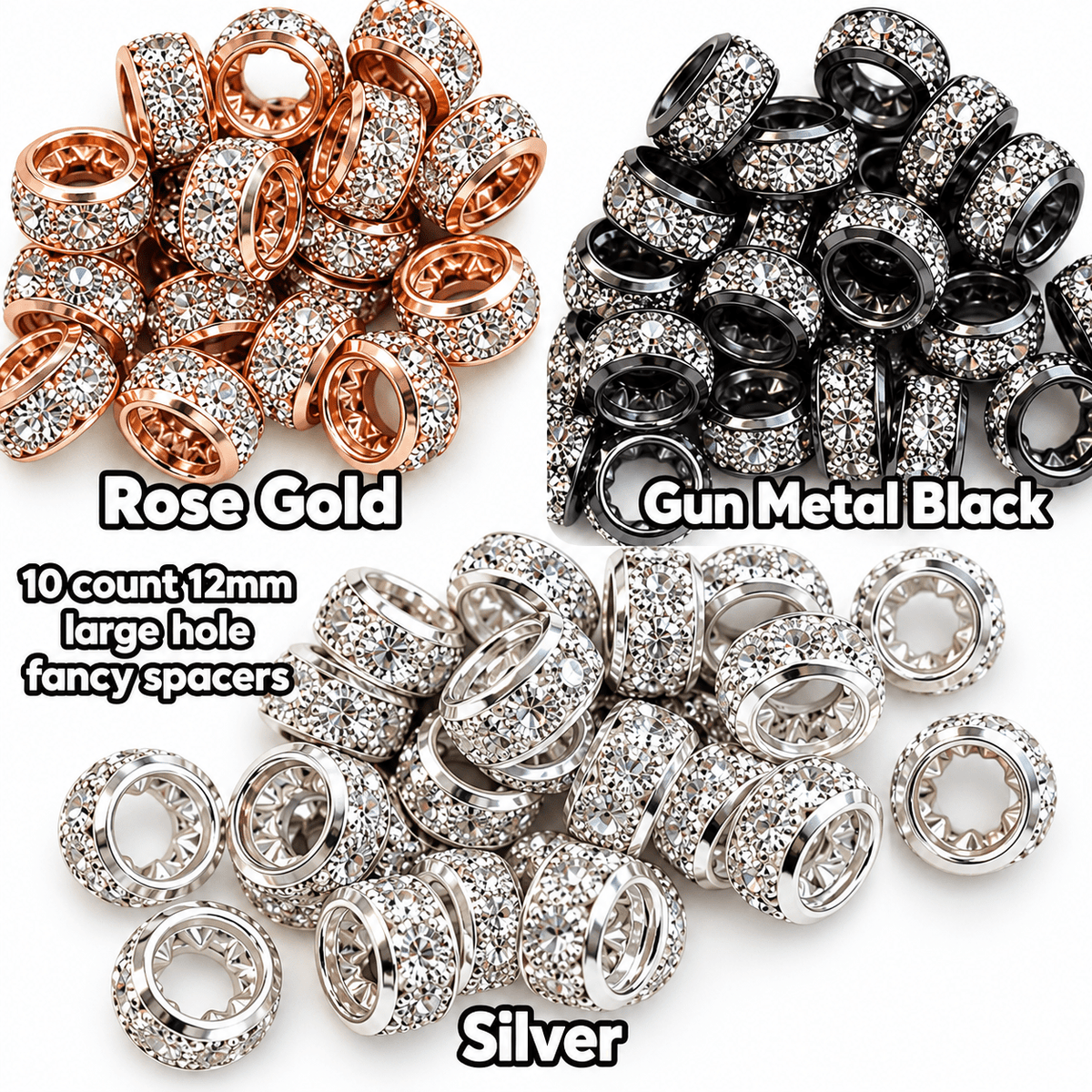 New RHINESTONE LARGE HOLE spacers 10 count 12mm