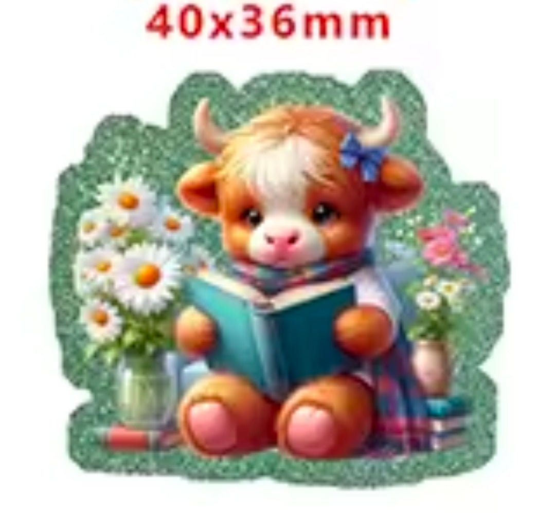 Glitter Acrylic Flatback- Acrylic Planer Resin Charm- Cow Books