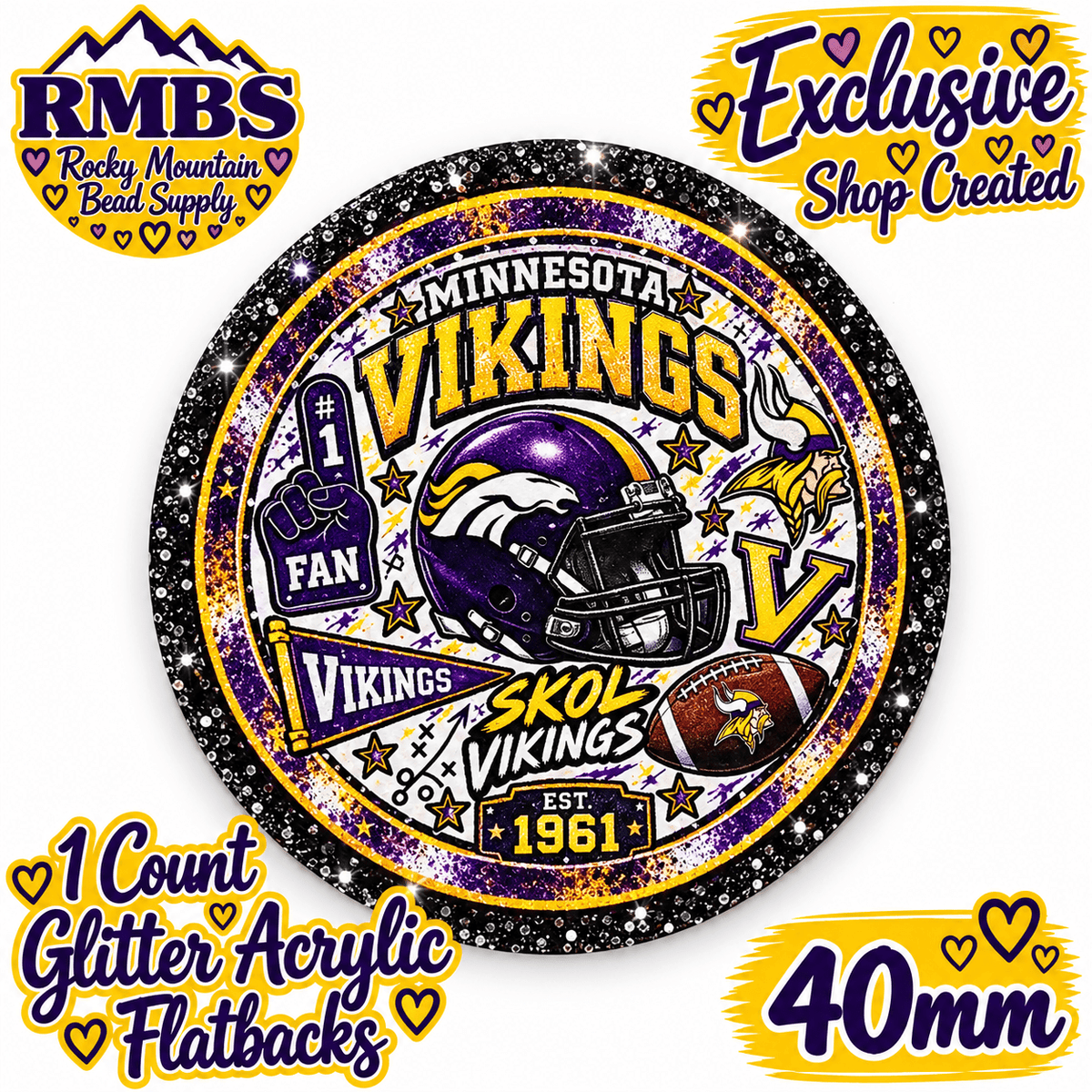 Exclusive 1 Count Custom Exclusive Glitter Acrylic Flatback 40mm  VIKINGS