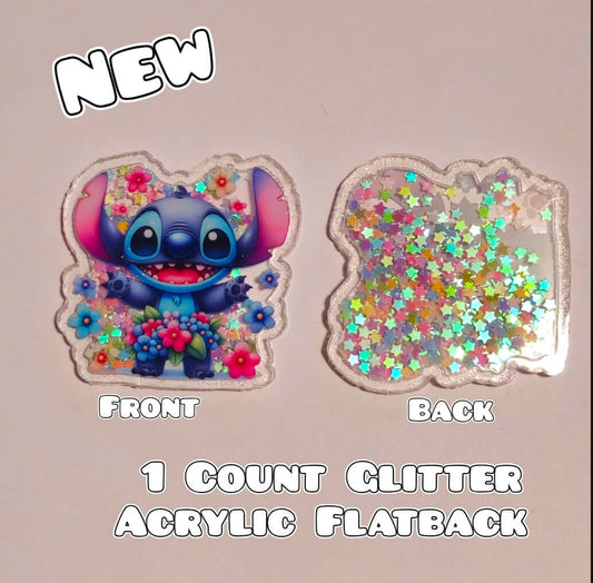 Shaker Glitter Acrylic Flatback- Acrylic Planer Resin Charm- Stitch Character