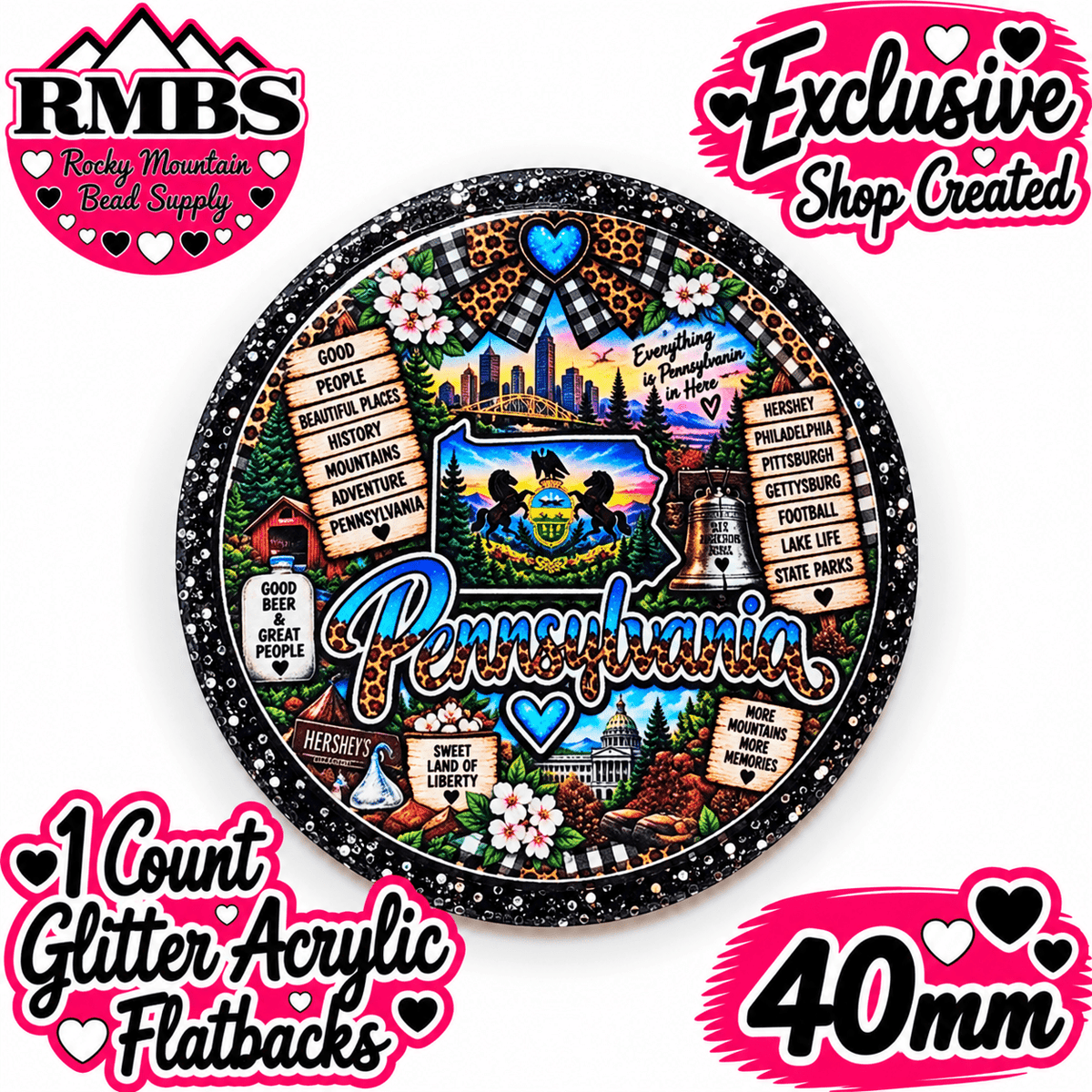 Exclusive 1 Count Custom Exclusive Glitter Acrylic Flatback 40mm STATE PENSYLVANIA