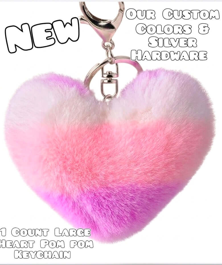 1 Count Large Heart Keychain Pom Poms Silver Hardware Shop Created Designs