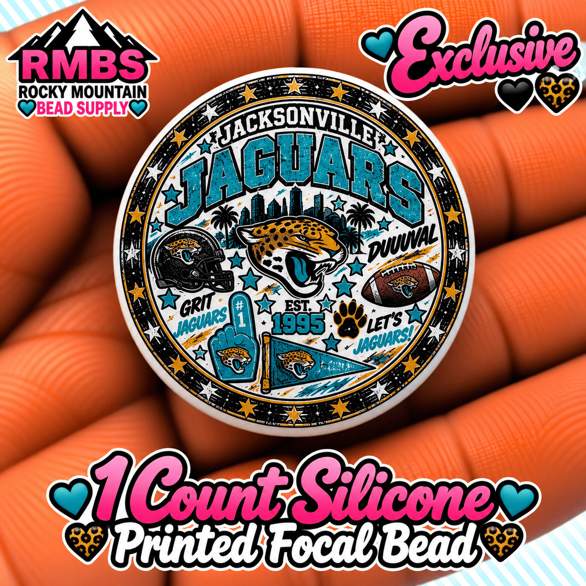 NEW Exclusive 1 count PRINTED Silicone Focal Bead FOOTBALL JAGUARS