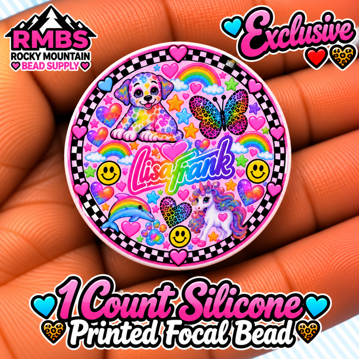 Exclusive 1 count PRINTED Silicone Focal Bead LISA FRANK 30mm