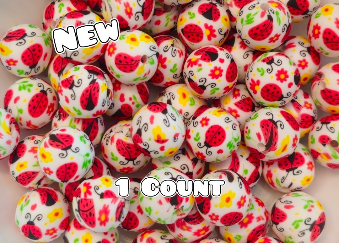 New 1 Count DIY Silicone Beads 15mm printed Lady Bug