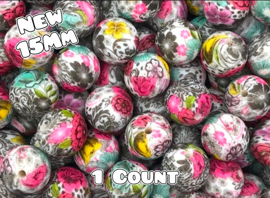 New 1 Count 15mm printed silicone beads Sassy Flowers