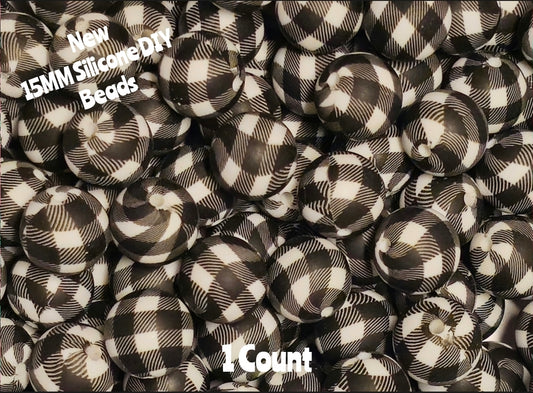 New 1 Count DIY Silicone Beads 15mm printed black white plaid beadable accessories