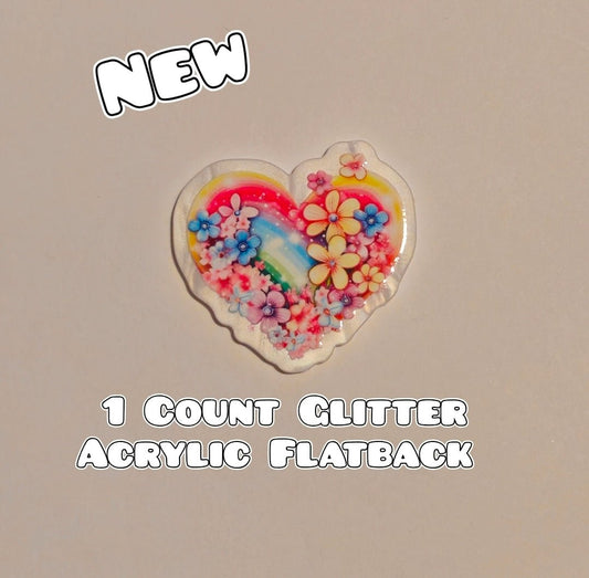 Glitter Acrylic Flatback- Acrylic Planer Resin Charm- Hearts Flowers