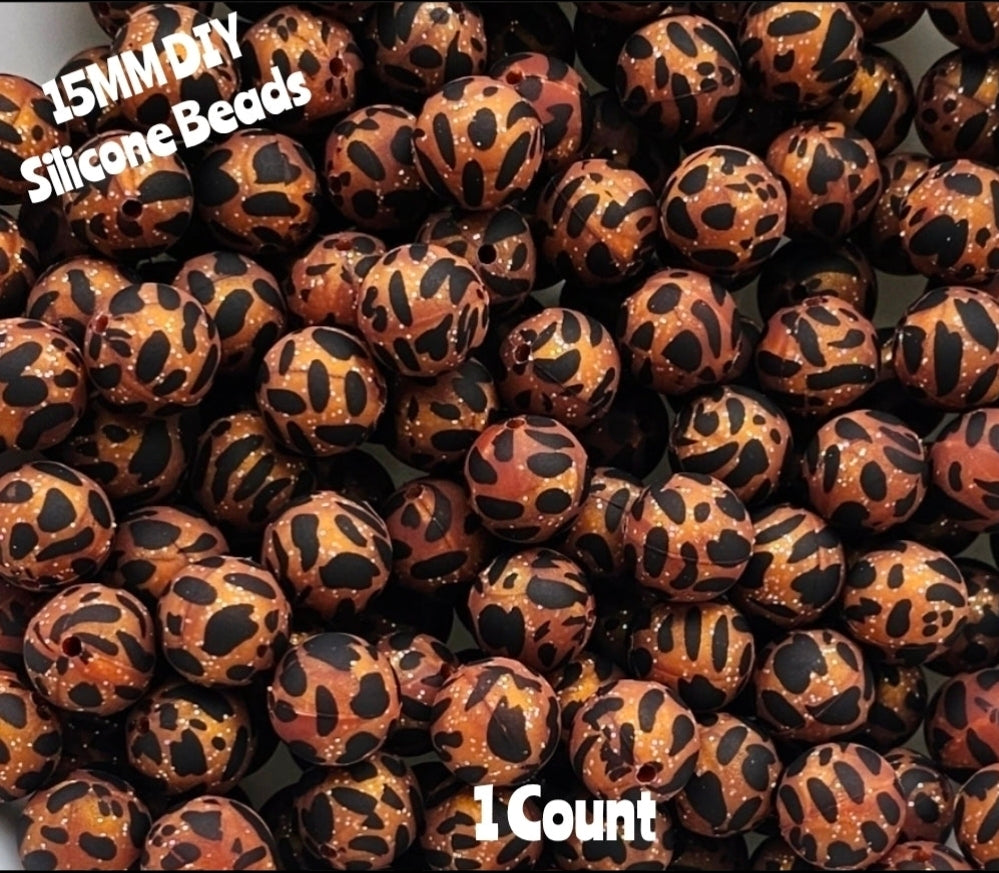 New 15mm 1 Count Glitter Cow Bronze Country printed silicone bead