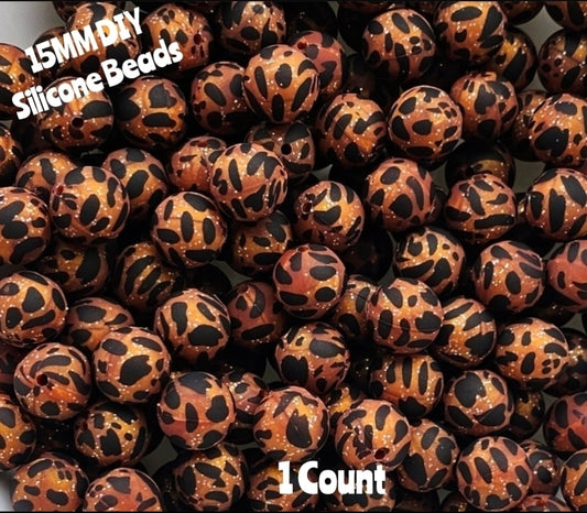 New 15mm 1 Count Glitter Cow Bronze Country printed silicone bead