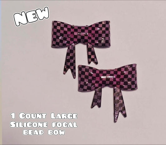 1 Count Large Silicone Printed Bow Focal Beads. Bow beadable accessories. Shimmer Glossy Finish Pink Checkered