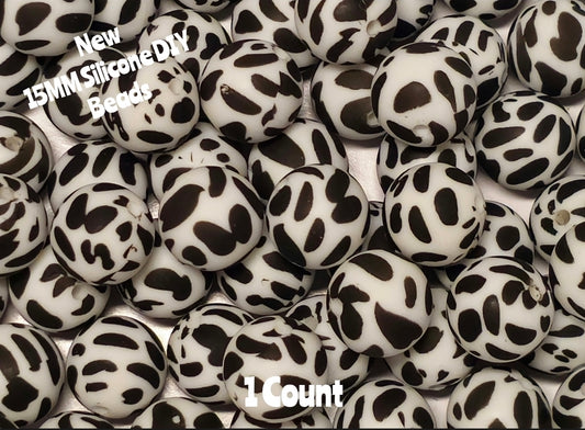 New 1 Count DIY Silicone Beads 15mm printed cow black white beadable accessories