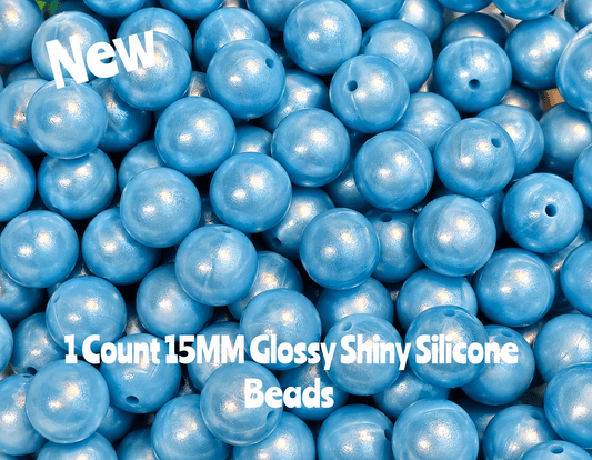 15mm DIY Silicone Beads Glossy Shiny Solids 1 Count Marbel Blue