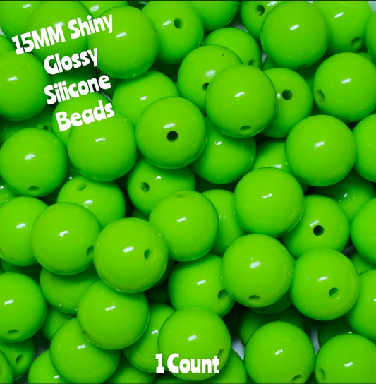 15mm DIY Silicone Beads Glossy Shiny Solids 1 Count Lime Green
