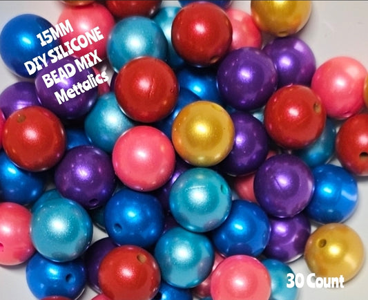 15mm DIY Silicone Beads Solid Mettalic Mix 30 Count
