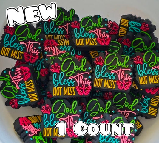 New 1 Count Words God Bless This Hot Mess Focal Bead