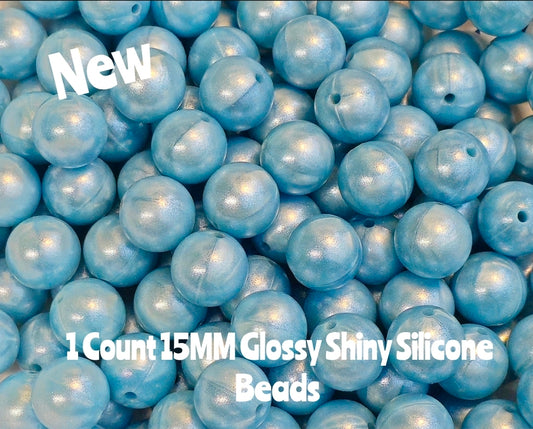 15mm DIY Silicone Beads Glossy Shiny Solids 1 Count Marbel Blue