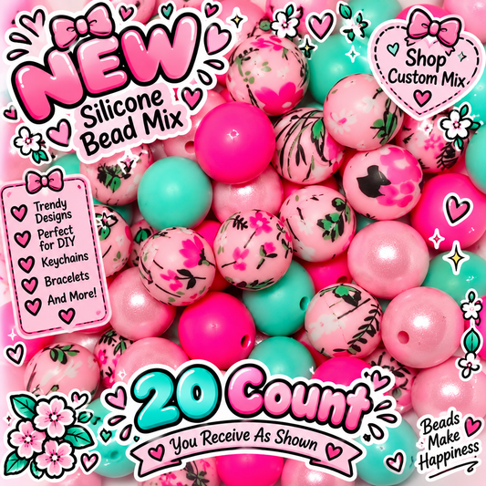 New 15mm Cherry Wood Floral SILICONE Bead Mix 20 count. DIY Bead Craft Supplies