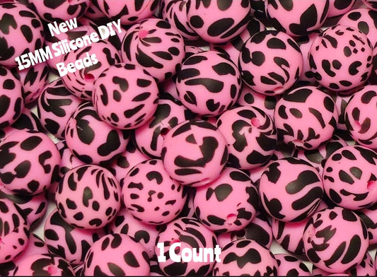 New 1 Count DIY Silicone Beads 15mm printed pink cow beadable accessories