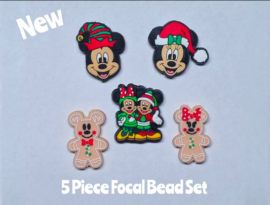 New 5 Count Mickey Minnie Christmas Focal Bead Set