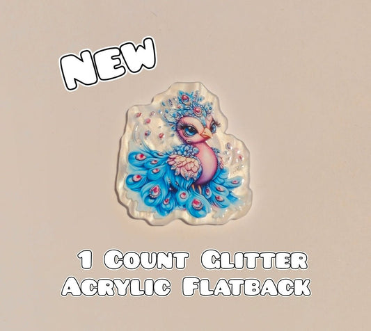 Glitter Acrylic Flatback- Acrylic Planer Resin Charm- Peacock