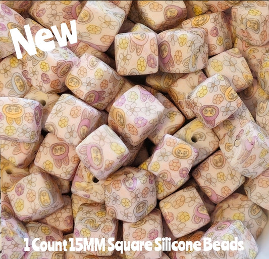 New 1 Count 15mm printed square labubu silicone bead