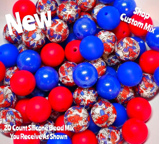 New 15mm Spiderman SILICONE Bead Mix 20 count. DIY Bead Craft Supplies
