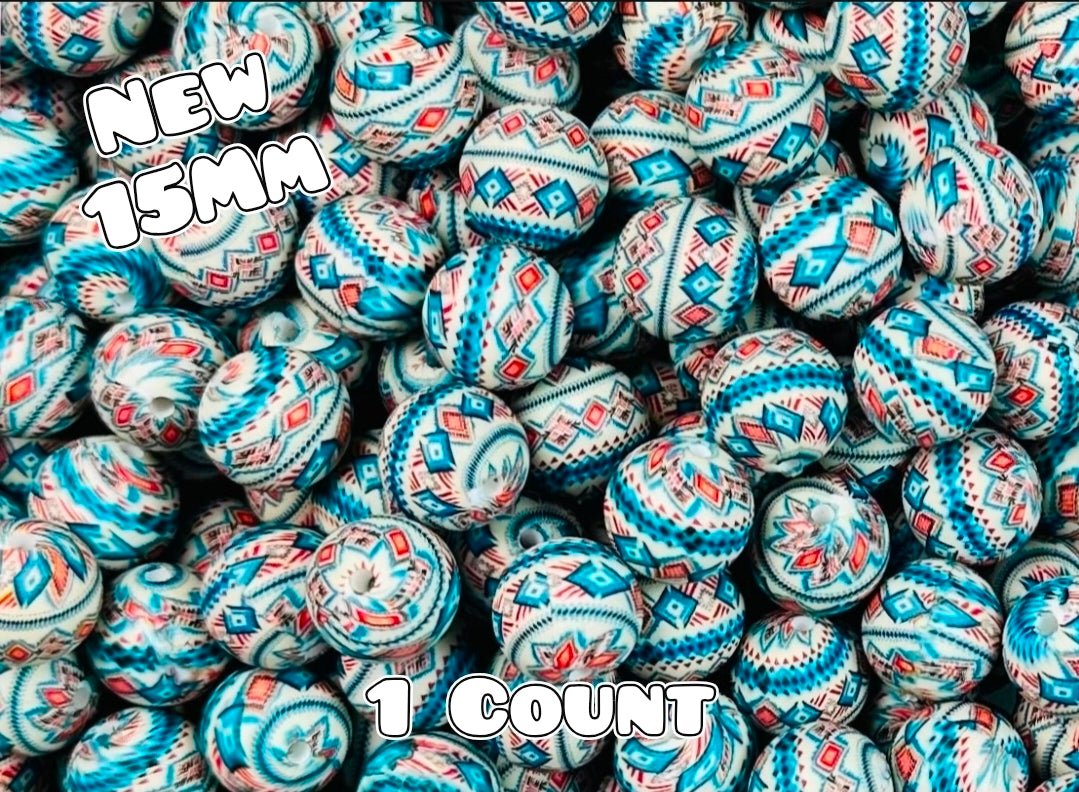 New 1 Count 15mm printed silicone beads RED White Blue Aztec