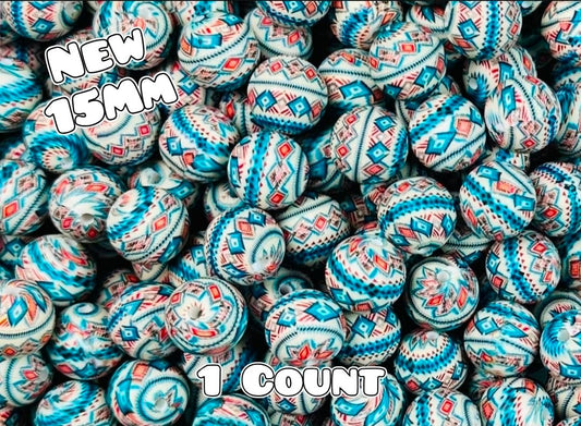New 1 Count 15mm printed silicone beads RED White Blue Aztec