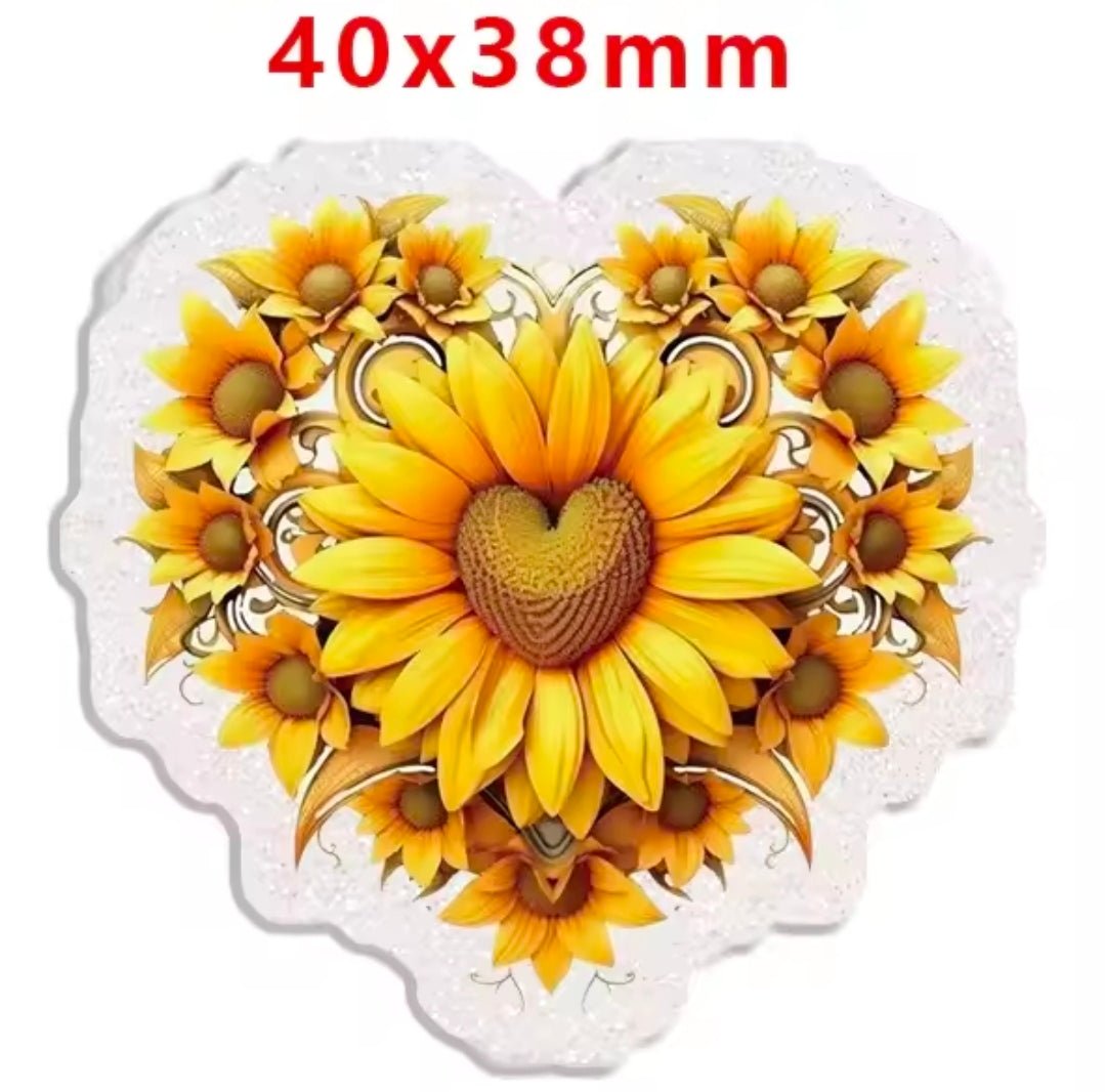 Glitter Acrylic Flatback- Acrylic Planer Resin Charm- Sunflower Heart