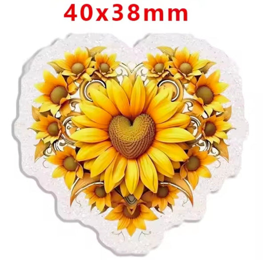 Glitter Acrylic Flatback- Acrylic Planer Resin Charm- Sunflower Heart