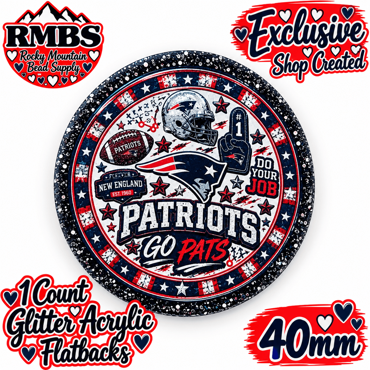 Exclusive 1 Count Custom Exclusive Glitter Acrylic Flatback 40mm PATRIOTS