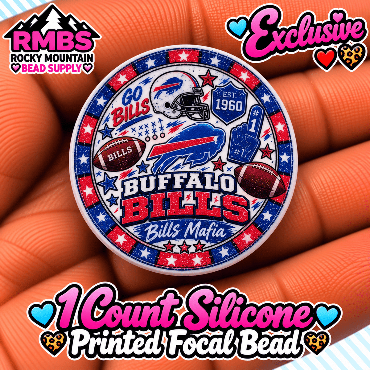 NEW Exclusive 1 count PRINTED Silicone Focal Bead FOOTBALL BILLS
