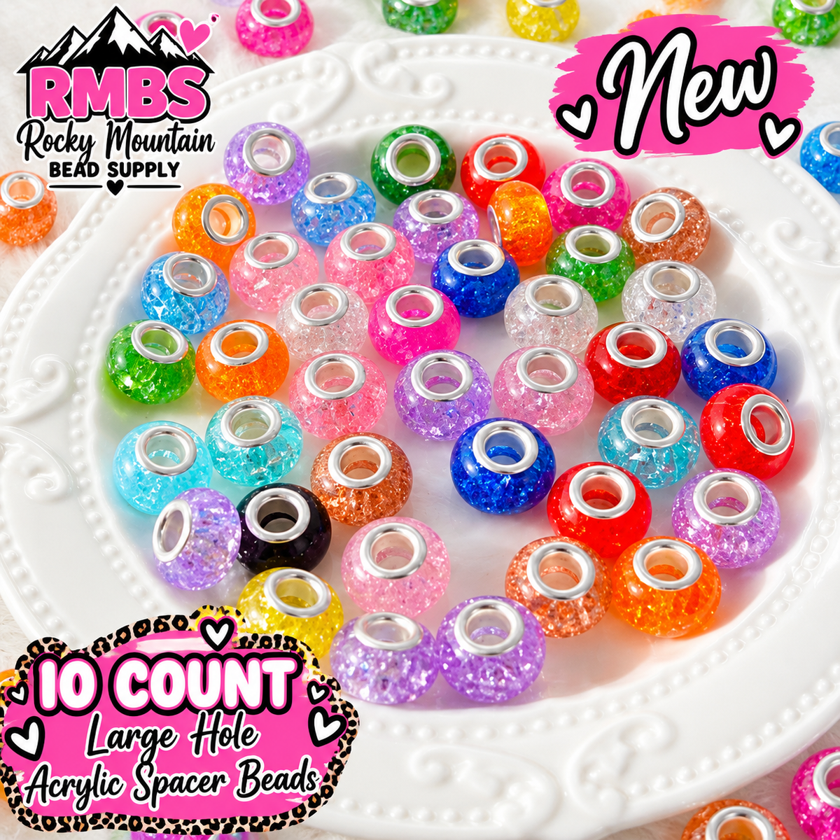 Popular Large HOLE Acrylic spacer Bead Mix mix 10 Count Crackle Style Solid Colors