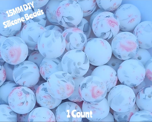 New 1 Count DIY Silicone Beads 15mm printed Dainty Floral Greys Pinks beadable accessories