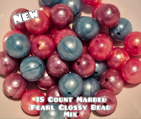 New 15 Count Silicone Marbel Pearl Glossy Beads- Pink- Purple- Blue