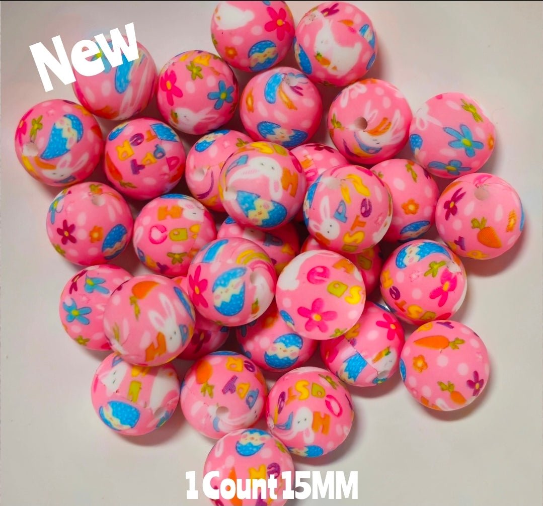 New 1 Count 15mm printed Easter Silicone Beads