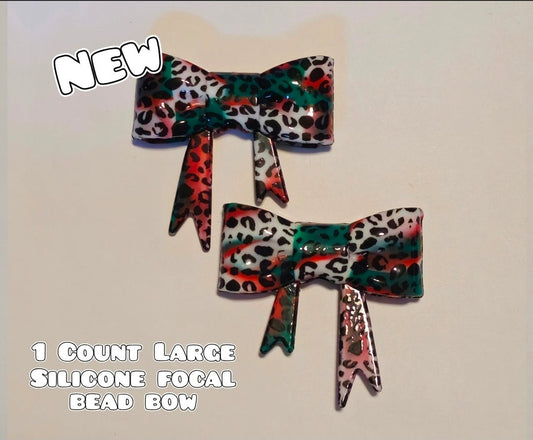 1 Count Large Silicone Printed Bow Focal Beads. Bow beadable accessories. Shimmer Glossy Finish