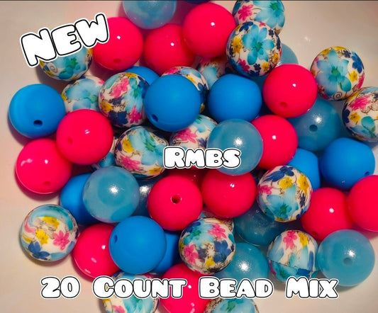 20 Count Silicone Bead Mix Blue Flower Garden