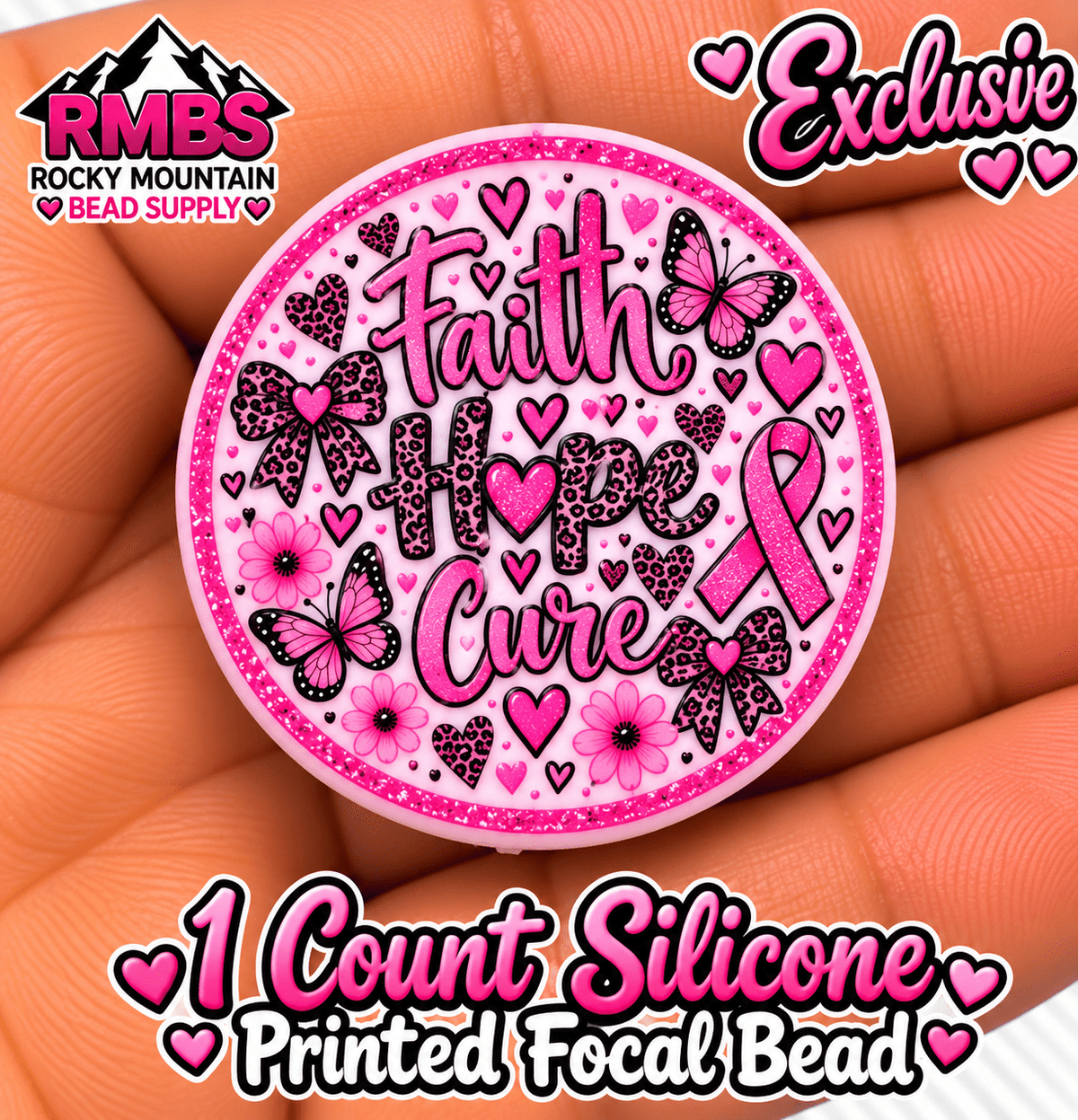 Exclusive 1 count PRINTED Silicone Focal Bead FAITH HOPE CURE