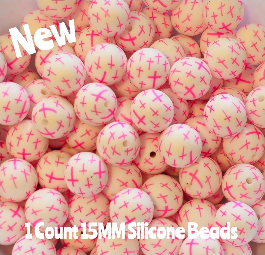 New 1 Count 15mm printed Cross silicone beads 2 color options