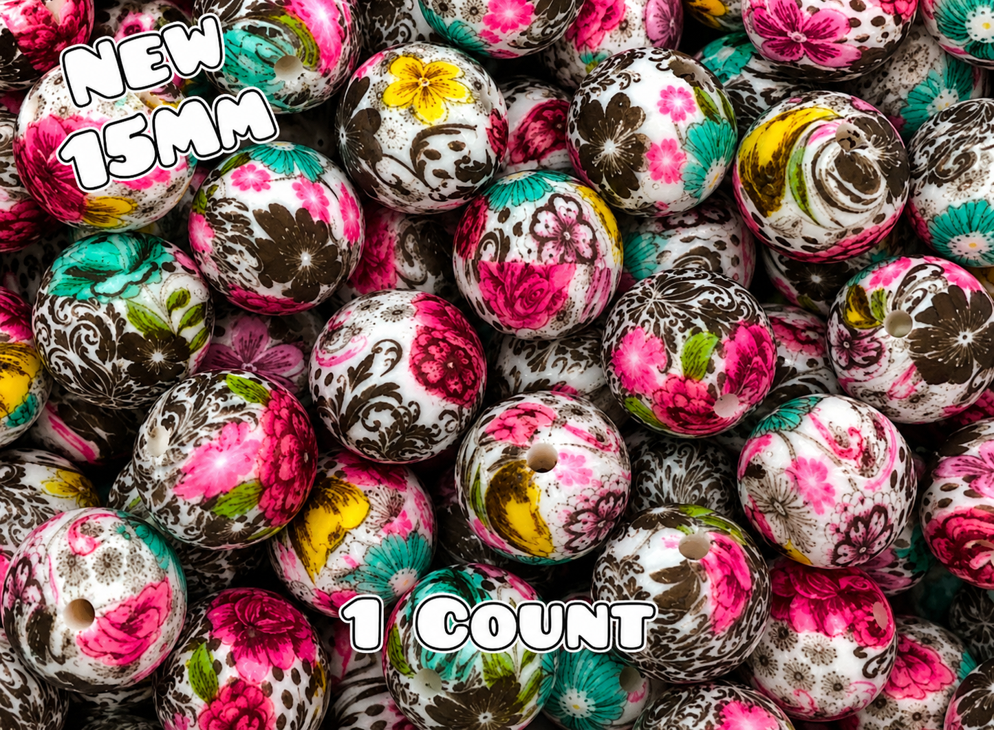 New 1 Count 15mm printed silicone beads Sassy Flowers