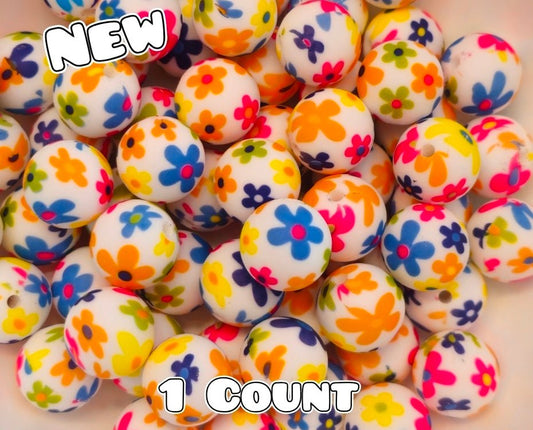 New 1 Count DIY Silicone Beads 15mm printed Bright Multi Flowers