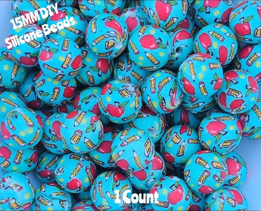 New 1 Count DIY Silicone Beads 15mm printed apple teacher pencil beadable accessories