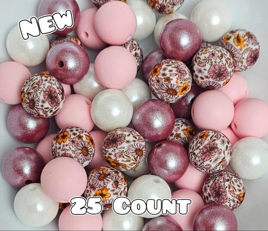 25 Count Silicone Bead Mix Opal Pink Purple Flowers