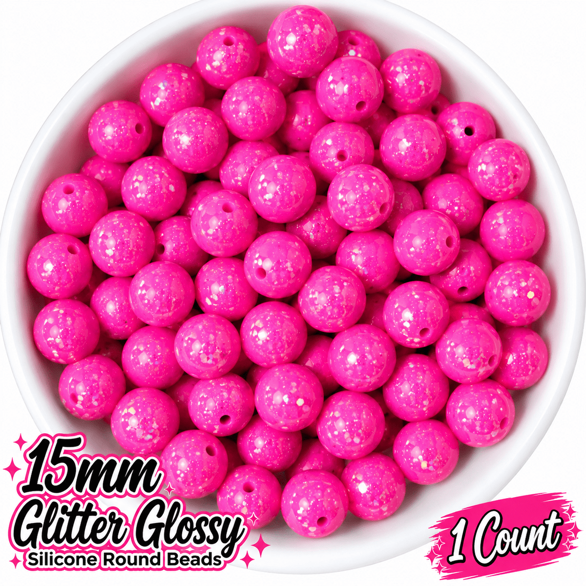 NEW Glitter 15mm DIY Silicone Beads Glossy Shiny Solids 1 Count ROSE PINK