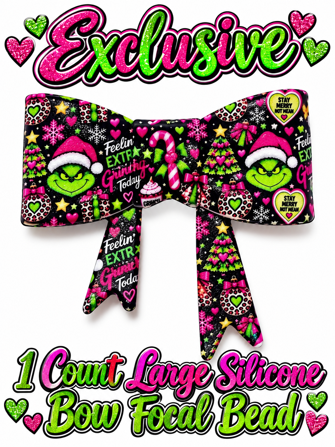New Shop Exclusive 1 Count Large Silicone Bow FEELING EXTRA GRINCHY TODAY NEON
