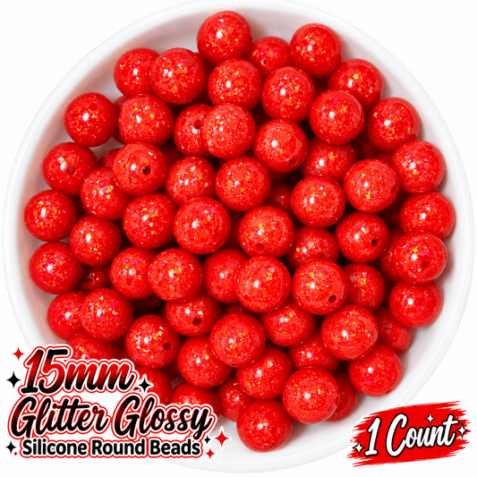 NEW Glitter 15mm DIY Silicone Beads Glossy Shiny Solids 1 Count DEEP RICH RED